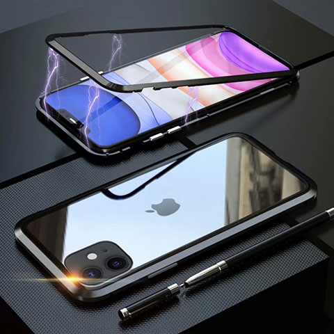 Handyhülle Hülle Luxus Aluminium Metall Rahmen Spiegel 360 Grad Tasche M09 für Apple iPhone 11 Schwarz