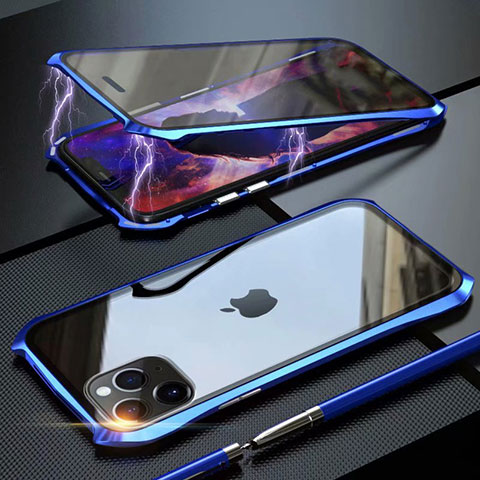 Handyhülle Hülle Luxus Aluminium Metall Rahmen Spiegel 360 Grad Tasche M10 für Apple iPhone 11 Pro Blau