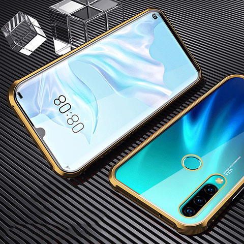 Handyhülle Hülle Luxus Aluminium Metall Rahmen Spiegel 360 Grad Tasche T01 für Huawei P30 Lite Gold