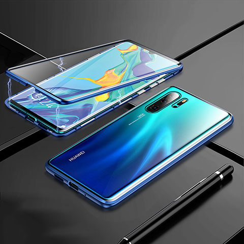 Handyhülle Hülle Luxus Aluminium Metall Rahmen Spiegel 360 Grad Tasche T01 für Huawei P30 Pro New Edition Blau