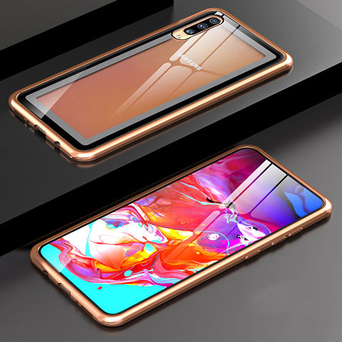 Handyhülle Hülle Luxus Aluminium Metall Rahmen Spiegel 360 Grad Tasche T01 für Samsung Galaxy A70S Gold