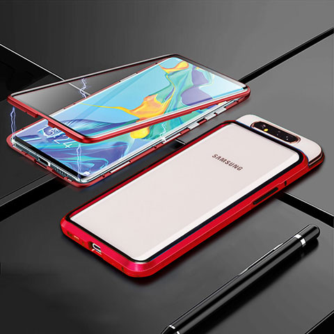 Handyhülle Hülle Luxus Aluminium Metall Rahmen Spiegel 360 Grad Tasche T01 für Samsung Galaxy A80 Rot