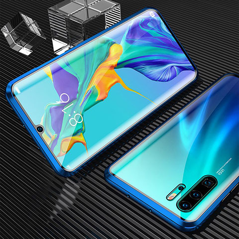 Handyhülle Hülle Luxus Aluminium Metall Rahmen Spiegel 360 Grad Tasche T02 für Huawei P30 Pro New Edition Blau