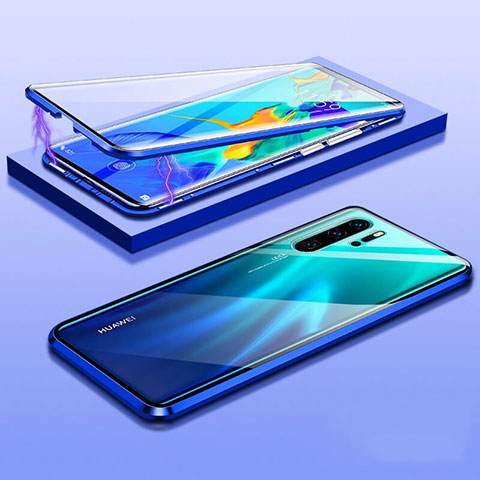 Handyhülle Hülle Luxus Aluminium Metall Rahmen Spiegel 360 Grad Tasche T03 für Huawei P30 Pro Blau