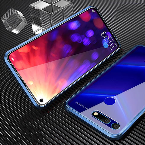 Handyhülle Hülle Luxus Aluminium Metall Rahmen Spiegel 360 Grad Tasche T04 für Huawei Honor View 20 Blau