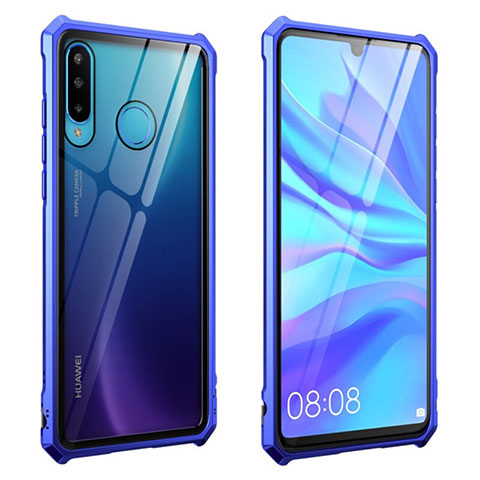 Handyhülle Hülle Luxus Aluminium Metall Rahmen Spiegel 360 Grad Tasche T05 für Huawei P30 Lite Blau