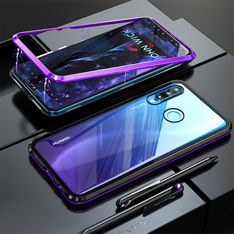 Handyhülle Hülle Luxus Aluminium Metall Rahmen Spiegel Tasche für Huawei P30 Lite XL Violett