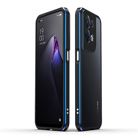 Handyhülle Hülle Luxus Aluminium Metall Rahmen Tasche für Oppo Reno9 Pro 5G Blau und Schwarz