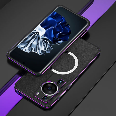 Handyhülle Hülle Luxus Aluminium Metall Rahmen Tasche mit Mag-Safe Magnetic Magnetisch für Huawei P60 Pro Violett und Schwarz