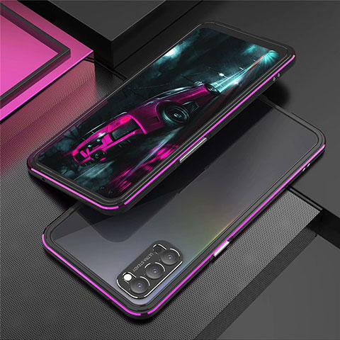 Handyhülle Hülle Luxus Aluminium Metall Rahmen Tasche T01 für Oppo Reno4 Pro 5G Violett und Schwarz