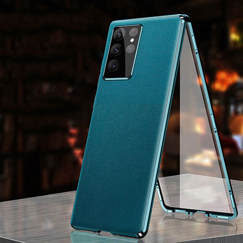 Handyhülle Hülle Luxus Aluminium Metall Tasche 360 Grad Ganzkörper D01 für Samsung Galaxy S21 Ultra 5G Cyan