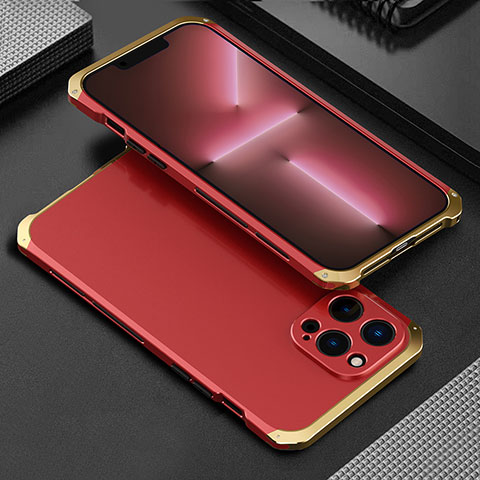 Handyhülle Hülle Luxus Aluminium Metall Tasche 360 Grad Ganzkörper für Apple iPhone 13 Pro Max Gold und Rot