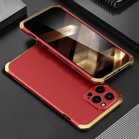 Handyhülle Hülle Luxus Aluminium Metall Tasche 360 Grad Ganzkörper für Apple iPhone 15 Pro Gold und Rot