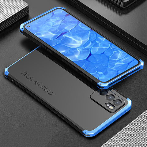 Handyhülle Hülle Luxus Aluminium Metall Tasche 360 Grad Ganzkörper für Oppo Reno6 5G Blau und Schwarz