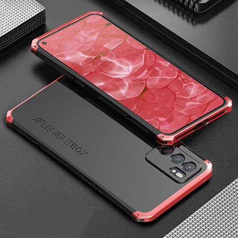 Handyhülle Hülle Luxus Aluminium Metall Tasche 360 Grad Ganzkörper für Oppo Reno6 5G Rot und Schwarz