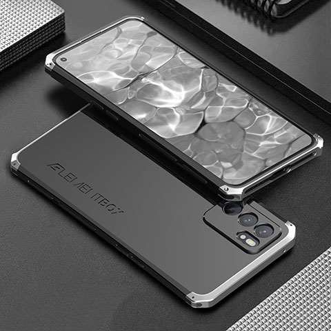 Handyhülle Hülle Luxus Aluminium Metall Tasche 360 Grad Ganzkörper für Oppo Reno6 5G Silber und Schwarz