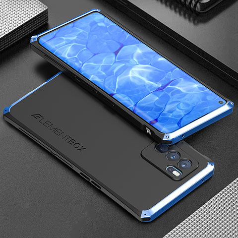 Handyhülle Hülle Luxus Aluminium Metall Tasche 360 Grad Ganzkörper für Oppo Reno6 Pro 5G India Blau und Schwarz