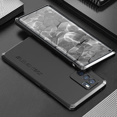 Handyhülle Hülle Luxus Aluminium Metall Tasche 360 Grad Ganzkörper für Oppo Reno6 Pro 5G India Schwarz