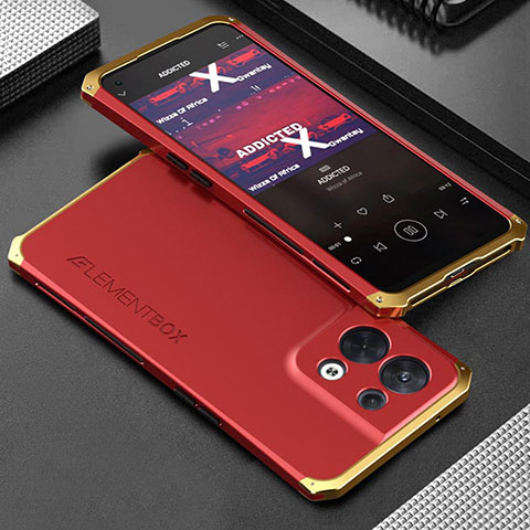 Handyhülle Hülle Luxus Aluminium Metall Tasche 360 Grad Ganzkörper für Oppo Reno9 5G Gold und Rot