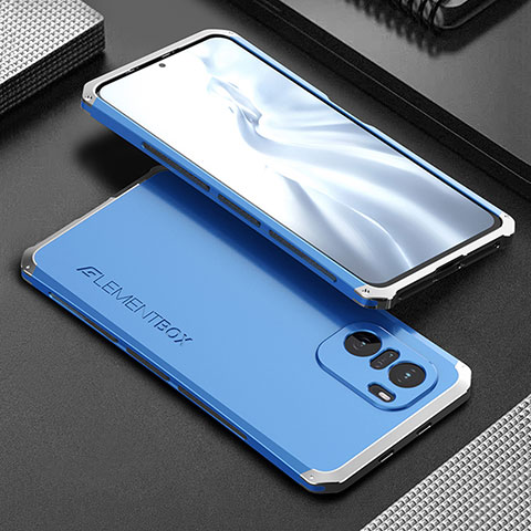 Handyhülle Hülle Luxus Aluminium Metall Tasche 360 Grad Ganzkörper für Xiaomi Poco F3 5G Silber und Blau
