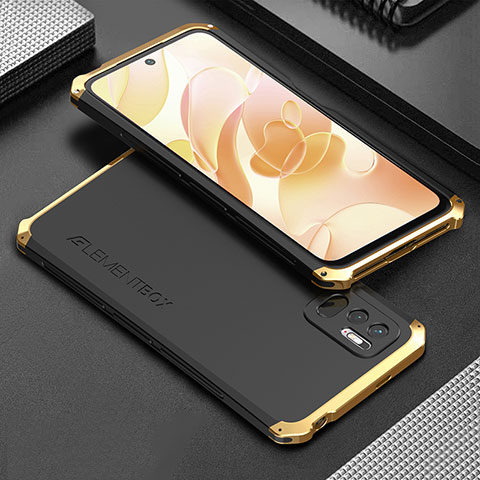 Handyhülle Hülle Luxus Aluminium Metall Tasche 360 Grad Ganzkörper für Xiaomi Redmi Note 10 JE 5G Gold und Schwarz