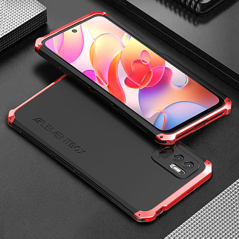 Handyhülle Hülle Luxus Aluminium Metall Tasche 360 Grad Ganzkörper für Xiaomi Redmi Note 10 JE 5G Rot und Schwarz