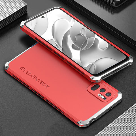 Handyhülle Hülle Luxus Aluminium Metall Tasche 360 Grad Ganzkörper für Xiaomi Redmi Note 10 JE 5G Silber und Rot