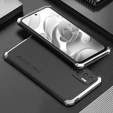 Handyhülle Hülle Luxus Aluminium Metall Tasche 360 Grad Ganzkörper für Xiaomi Redmi Note 10 JE 5G Silber und Schwarz