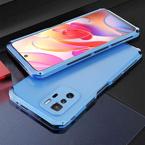 Handyhülle Hülle Luxus Aluminium Metall Tasche 360 Grad Ganzkörper für Xiaomi Redmi Note 10 Pro 5G Blau