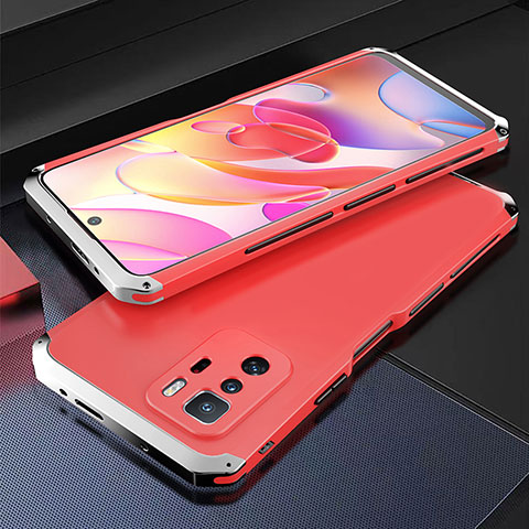 Handyhülle Hülle Luxus Aluminium Metall Tasche 360 Grad Ganzkörper für Xiaomi Redmi Note 10 Pro 5G Silber und Rot