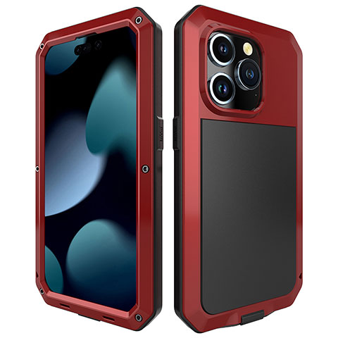 Handyhülle Hülle Luxus Aluminium Metall Tasche 360 Grad Ganzkörper HJ1 für Apple iPhone 14 Pro Rot