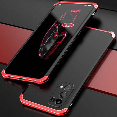 Handyhülle Hülle Luxus Aluminium Metall Tasche 360 Grad Ganzkörper M01 für Oppo Reno5 5G Rot und Schwarz