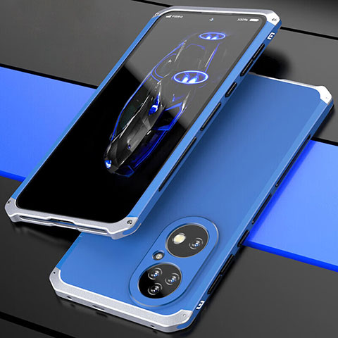 Handyhülle Hülle Luxus Aluminium Metall Tasche 360 Grad Ganzkörper P01 für Huawei P50 Silber und Blau