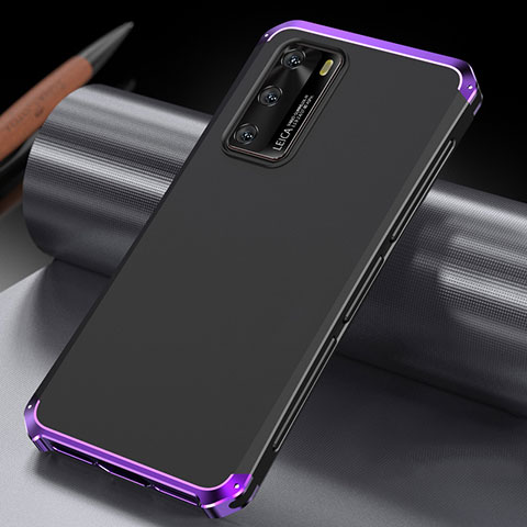 Handyhülle Hülle Luxus Aluminium Metall Tasche T04 für Huawei P40 Violett und Schwarz