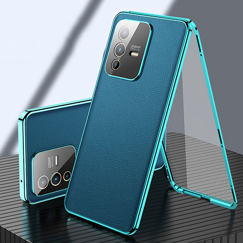 Handyhülle Hülle Luxus Aluminium Metall und Leder Tasche 360 Grad Ganzkörper für Vivo V23 Pro 5G Grün