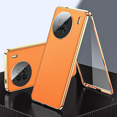 Handyhülle Hülle Luxus Aluminium Metall und Leder Tasche 360 Grad Ganzkörper für Vivo X90 Pro 5G Orange