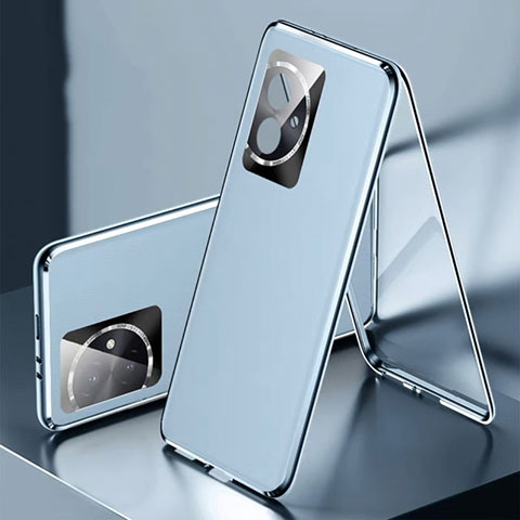 Handyhülle Hülle Luxus Aluminium Metall und Leder Tasche 360 Grad Ganzkörper P01 für Huawei Honor 100 5G Blau