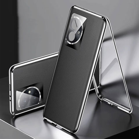 Handyhülle Hülle Luxus Aluminium Metall und Leder Tasche 360 Grad Ganzkörper P01 für Huawei Honor 100 5G Schwarz