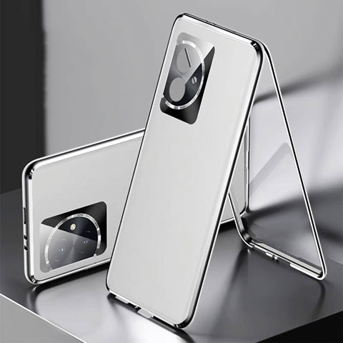 Handyhülle Hülle Luxus Aluminium Metall und Leder Tasche 360 Grad Ganzkörper P01 für Huawei Honor 100 5G Silber