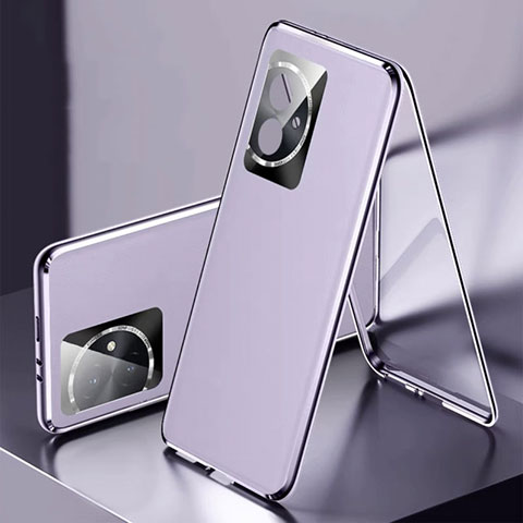 Handyhülle Hülle Luxus Aluminium Metall und Leder Tasche 360 Grad Ganzkörper P01 für Huawei Honor 100 5G Violett