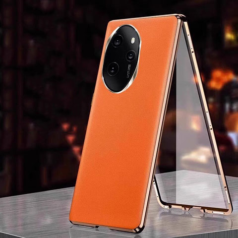 Handyhülle Hülle Luxus Aluminium Metall und Leder Tasche 360 Grad Ganzkörper P01 für Huawei Honor 100 Pro 5G Orange