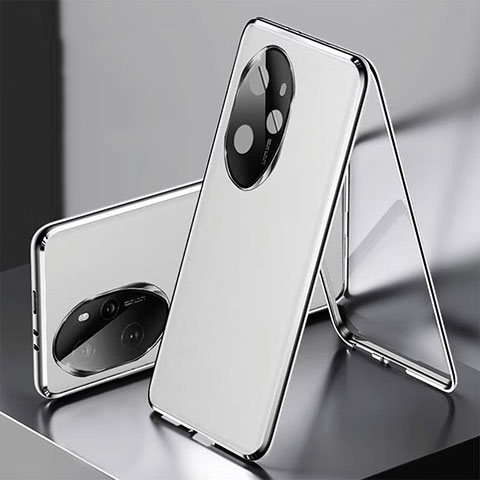 Handyhülle Hülle Luxus Aluminium Metall und Leder Tasche 360 Grad Ganzkörper P01 für Huawei Honor 100 Pro 5G Silber