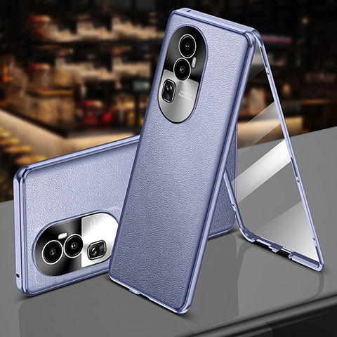 Handyhülle Hülle Luxus Aluminium Metall und Leder Tasche 360 Grad Ganzkörper P01 für Oppo Reno10 Pro+ Plus 5G Helles Lila