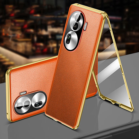 Handyhülle Hülle Luxus Aluminium Metall und Leder Tasche 360 Grad Ganzkörper P01 für Oppo Reno11 Pro 5G Orange