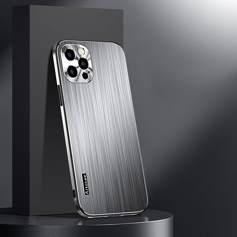 Handyhülle Hülle Luxus Aluminium Metall und Silikon Rahmen Tasche AT1 für Apple iPhone 14 Pro Max Silber