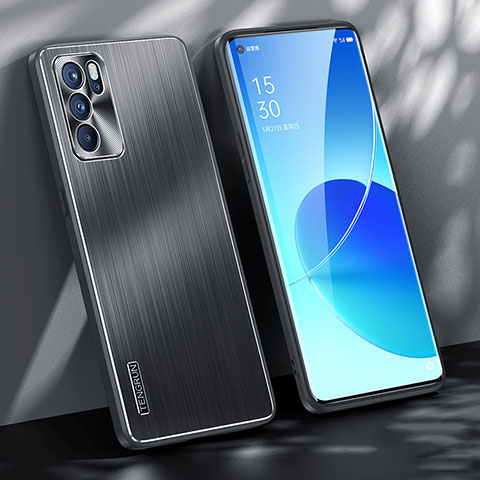 Handyhülle Hülle Luxus Aluminium Metall und Silikon Rahmen Tasche J01 für Oppo Reno6 Pro 5G India Schwarz