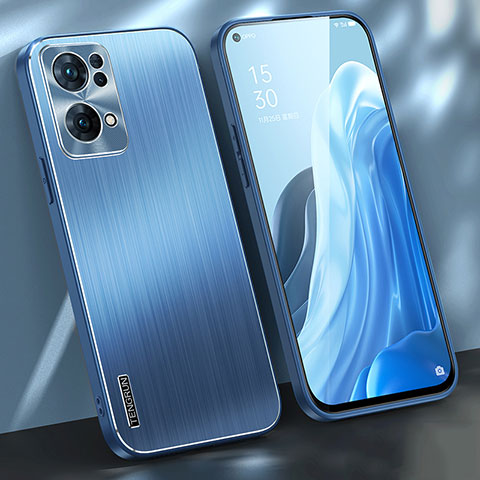 Handyhülle Hülle Luxus Aluminium Metall und Silikon Rahmen Tasche J01 für Oppo Reno7 Pro 5G Blau