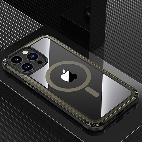 Handyhülle Hülle Luxus Aluminium Metall und Silikon Rahmen Tasche mit Mag-Safe Magnetic Magnetisch QC1 für Apple iPhone 14 Pro Max Schwarz