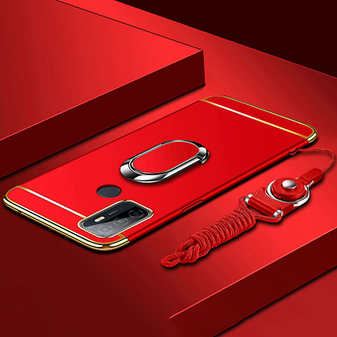 Handyhülle Hülle Luxus Metall Rahmen und Kunststoff Schutzhülle Hartschalen Tasche mit Fingerring Ständer A01 für Oppo A11s Rot