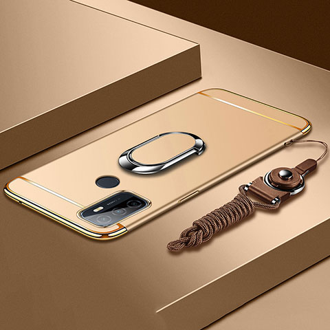 Handyhülle Hülle Luxus Metall Rahmen und Kunststoff Schutzhülle Hartschalen Tasche mit Fingerring Ständer A01 für Oppo A33 Gold